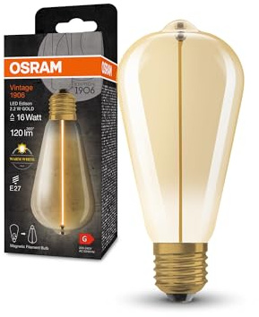 Osram Vintage 1906 Classic Edison FIL LED-Lampe, E27, gold, 2,2W, 120lm, 2700K, warmweißes Licht, sehr geringer Energieverbrauch, lange Lebensdauer, magnetisches Filament