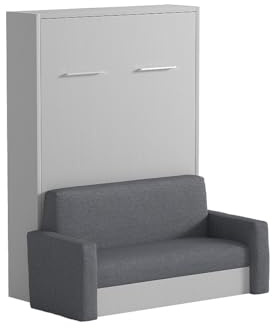 Vente-unique - Cama abatible 140 x 200 cm - Apertura Vertical Manual - Blanco y Gris - VACIALA II