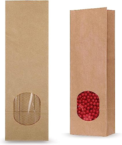 Papiertüten mit Fenster, Große 20.5x7x4 cm, Blockbodenbeutel mit Sichtfenster, Tüten für Lebensmittel, Geschenksverpackung für selbstgemachte Geschenke. (50)