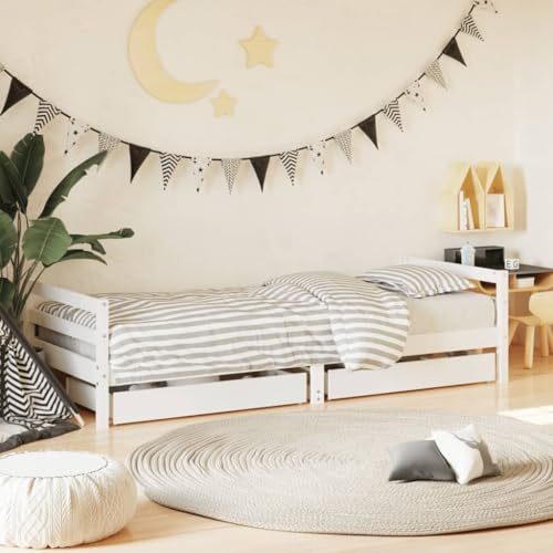 Festnight Kinderbett mit Schubladen 90 x 200 cm Hausbett Holzbett Kleinkinderbett Bett Hausbett Kinder Kinderbett Weiß Holzlatten Massivholz Kiefer