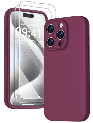 GOODVISH 3 in 1 für iPhone 15 Pro Hülle Liquid Silikon, Weinrot | mit 2 Stück Schutzfolie, Upgraded Kameraschutz Soft Mikrofaserfutter Handyhülle Kratzfest Stoßfeste Schutz Case 6.1