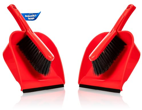 BigDean 4 Stück Kehrschaufel Set in Rot – Handfeger mit stabilen + robusten Borsten und Schaufel – Kehrblech aus hochwertigem Kunststoff – Haushalts Besen Kehrset – Made in Europa