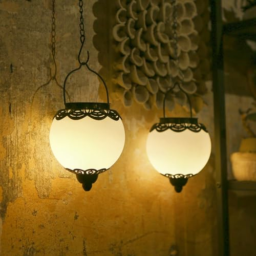 JOYCREATOR Lot de 2 lanternes solaires d'extérieur IP65 étanches - Lanternes solaires pour l'extérieur - Avec piquet de terre - Lampes solaires LED en métal pour l'extérieur - Décoration de boule -