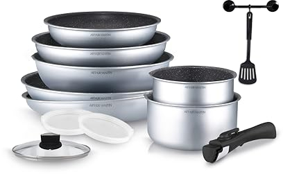 Arthur Martin AM676S - Batería de cocina (12 piezas, aluminio para sartén y cacerola, antiadherente, mango extraíble con boquilla para todos los fuegos, incluida inducción