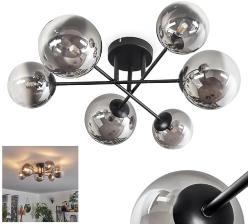 HOFSTEIN Deckenleuchte Chehalis, 6-flammige Deckenlampe aus Metall/Glas in Schwarz/Rauchfarben/Klar, Leuchte im Retro/Vintage-Design, Ø Schirme 12; 15cm, G9, Esszimmer, Schlafzimmer, Wohnzimmer, Küche