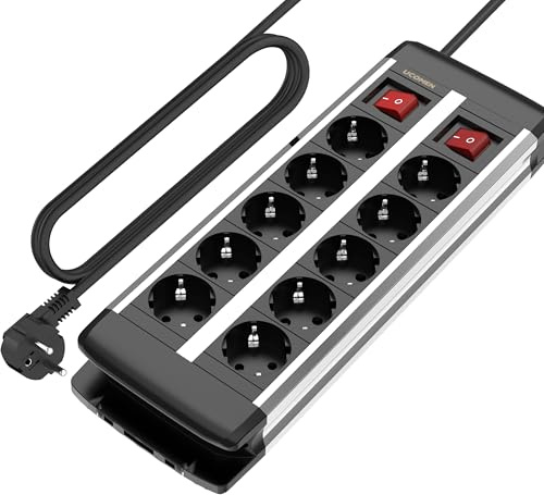 Steckdosenleiste 10-Fach, TÜV/GS Zertifiziert, Wandmontage, 2M Kabel | Jede 5. Steckdose Einzeln Schaltbar, 16A/3680W, Für Heim und Büro