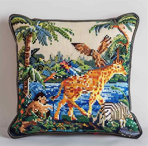 Latch Hook Kissen Kit, Tier Knüpfkissen Set Für Anfänger Erwachsene Oder Kinder Zum Selber Knüpfen,Tier Elefant Tiger Löwediy Knüpfteppich Knüpfpackung, Knüpfhaken Set 43 X 43 Cm