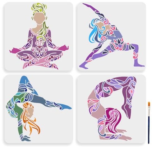 MAYJOYDIY 4 Yoga Pose Schablone 30×30 cm Groß Kunstturnen Schablone Mit Pinsel Mandala Muster Yoga Kleidung Mädchen Vorlagen Für Möbel Fenster Holz Wandfliesen Leinwand Stoff