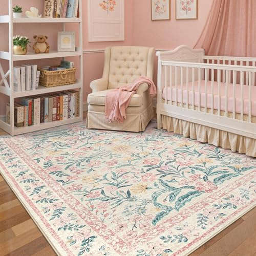 Wonnitar Maschinenwaschbarer Teppich, 12,7 x 17,8 cm, rosa Teppiche für Schlafzimmer, Mädchen, Boho, weich, Blumenmuster, Kinderzimmer, Kinderzimmer, Wohnzimmer, Wohnheim