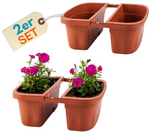 GarPet 2er Set Blumenkasten Balkongeländer Beidseitig Balkon Blumenkasten Doppelseitig Balkonkasten mit Halterung Geländerkasten mit Wasserspeicher Teracotta 50 cm