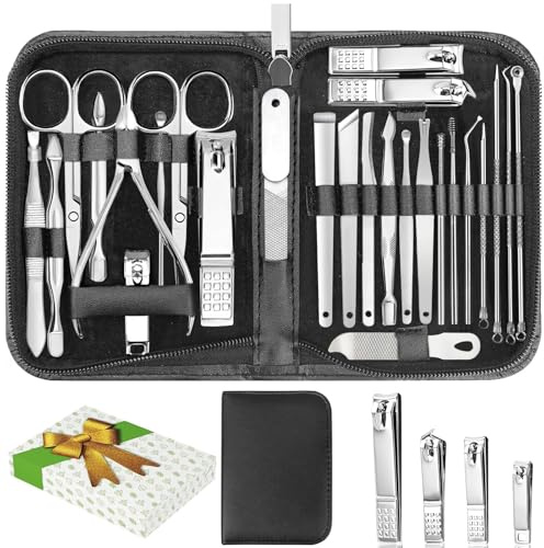 26-Piece Professional Manicure and Pedicure Kit, Nail Clippers Set, Stainless Steel Nail Care Tools with Travel Case, Silver White