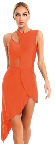 Jhaoyu Damen Ballettkleid Ärmelloses Tanzkleid mit Asymmetrisch Rock Latein Kleider Leotard Trikot Tanz-Body Ballettanzug Gr. S-XXL Orange S