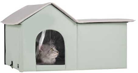 VEVOR Casa para Gatos con Calefacción de 67 x 56 x 41 cm, Refugio para Gatos Plegable Al Aire Libre de Tela Oxford 600D con Almohadilla Térmica, Temperatura Ajustable y Temporizador, Verde (Grande)