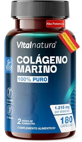 Colágeno Marino Hidrolizado 100% Puro 180 Cápsulas – Fórmula Premium para Articulaciones, Cartílagos, Recuperación Muscular y Huesos – Alta Absorción – Apoya Piel, Cabello y Uñas – Vitalnatura
