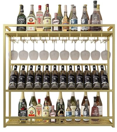 Yajuer Industrial Wine Rack, Metal Wine Bottle Shelf with Stemware Rack, Wall Mounted Wine Storage Holder for Home Bar Dining Room Kitchen(Gold,100 * 25 * 100cm)