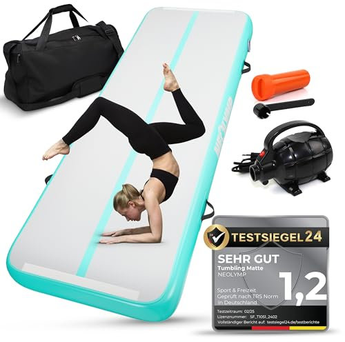 NEOLYMP Turnmatte - Tumbling Matte 3m - Aufblasbare Sprungmatte Kinder & Erwachsene - Rutschfeste Gymnastikmatte - Sportmatte mit elektrischer Luftpumpe (Turnmatte Mintgrün - Weiß)