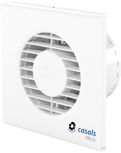 ERELIS · Extractor de baño y cocina Casals para conducto de diámetro Ø100mm · Delgado, silencioso, con compuerta antirretorno e IPX4 · Para pared o techo · Funciona con el interruptor de luz.
