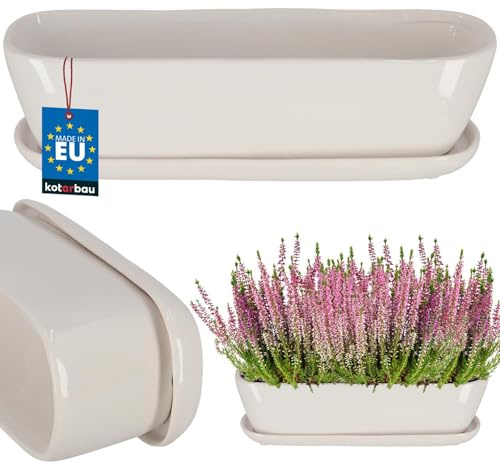 KOTARBAU® Keramisk blomlåda med underlägg 28 x 7,5 x 8 cm vit planteringskruka blomkruka ytterkruka blomlåda balkong växt krukor blomkruka örtkruka fönsterbräda