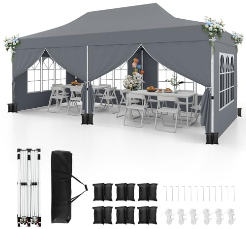 RELAX4LIFE Tenda da Giardino Pop-Up 3 x 6 M con 6 Pareti Laterali, Altezza Regolabile, 12 Picchetti, 6 Corde/Sacchi di Sabbia, per Feste e Matrimoni (Grigio, 3x6m con Pareti Laterali)