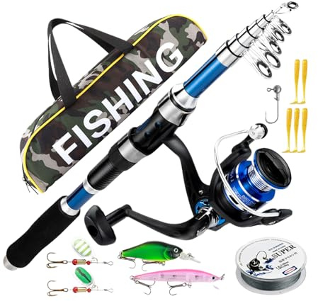 Angelset – Combo Rute und Angelrolle Set, Kunstköder für Barsch, Ausrüstung, Outdoor-Ausrüstung für Männer, Angler, Anfänger, Reise