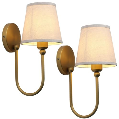 Pathson Antique Linen Fabric Wall Sconces Set of 2, Hardwired Curved Arm Bathroom Vanity Light, Indoor Wall Decor Lamp for Living Room, Kitchen, Bedroom, Foyer