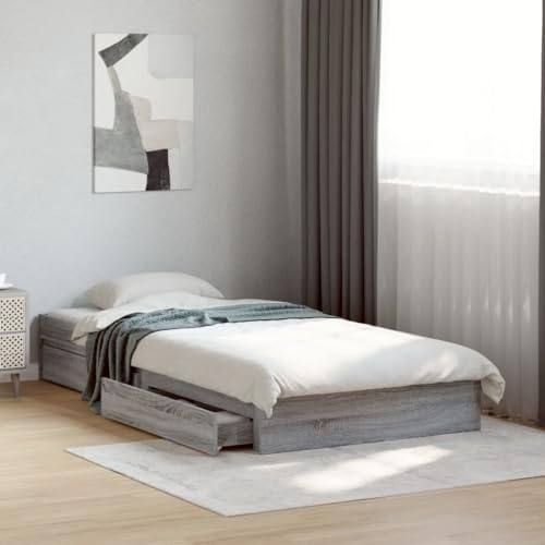 Emmtore Bettgestell mit Schubladen für Schlafzimmer, Bettrahmen mit Lattenrost, Schlafzimmerbett Grau Sonoma 100x200 cm Holzwerkstoff