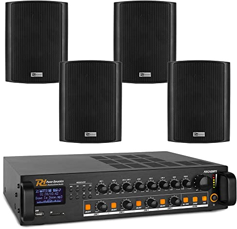 4-Zone Weatherproof Outdoor PA System with Amplifier, Bluetooth Audio Mixer, 8x 6.5 IP56 Black Speakers, FM Radio for Garden, Terrace, Marine & Public Address Setup