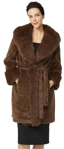 BEAUTELICATE Kunstpelzmantel Damen Lange Warm Wintermantel mit Umlegekragen Trendy Kunstpelzjacke mit Gürtel Winterjacke mit Taschen Einfarbig Kunstfell Mantel Parka