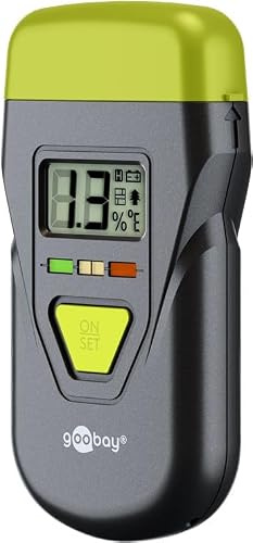 goobay Fuktmätare för trä, betong, gips och väggar – digital fuktmätare med LCD-skärm, temperaturdisplay, LED-varningssystem och hållarfunktion – kompakt och exakt – 77832