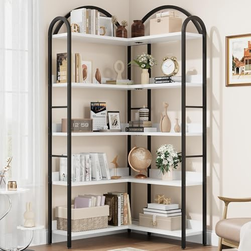 Aptliton Corner Bookshelf Industrial Bookcase, L Shaped Arched 5 Tier Corner Shelf, Large Bookshelf with Metal Frame, Etagere Shelf Corner Display Rack for Living Room Bedroom