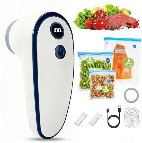 Bomba de Vacío para Alimentos, Mini Envasadora al Vacío Portátil para Bolsas y Recipientes, Incluye 15 Bolsas Reutilizables, Potencia 60 kPa, Inalámbrica y Recargable USB-C