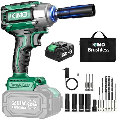 KIMO Impact Wrench 1/2 Cordless, 550N.m (410ft-lbs), 4000RPM, 9-Piece Drill & Driver Set, 4 Sockets Impact Drill for Car Tires, Safety Lock, Variable Modes, 4000mAh Battery Power Smart Impact Wrench