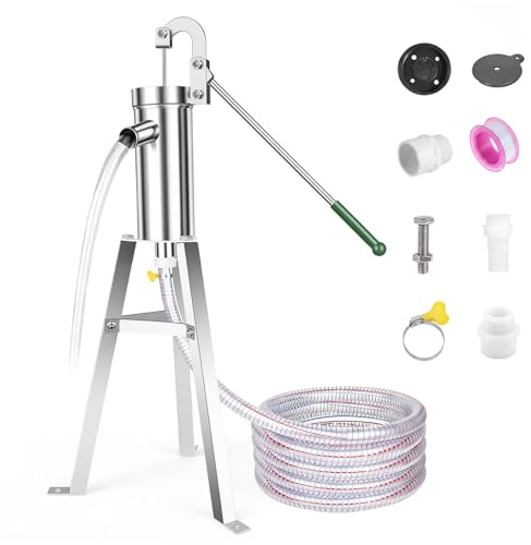 Schwengelpumpe Set, Schwengelpumpe Komplett Set mit 58 cm Ständer & 5 m Schlauch, Handpumpe Wasserpumpe Gartenpumpe Edelstahl Haushalt Grundwasserpumpe Brunnen für Gartenhof Hof und Bauernhof