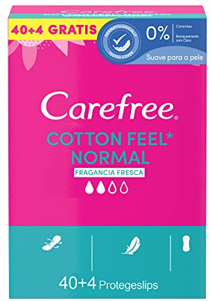 Carefree Cotton Feel Normal Fragancia Fresca Protegeslips (40 + 4 unidades), protegeslips absorbentes y transpirables sin fragancia, protege slips para todo tipo de braguitas