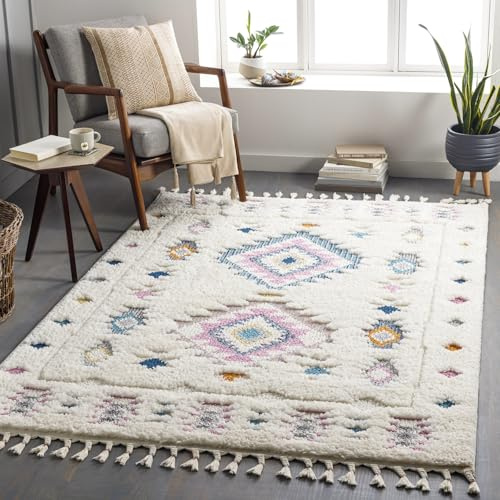 Livabliss SUVA Teppich Wohnzimmer Boho, großer Teppich Schlafzimmer 160x213 cm - Teppiche für Esszimmer mit geometrischem Muster, Skandinavischer Wohnzimmerteppich modern in Creme, Blau, Lavendel