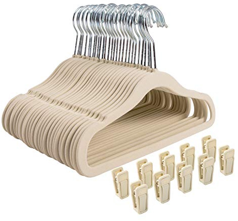Finnhomy Non-Slip Clothes Hanger for Baby and Kids 30-Pack Velvet Hangers with 10 Finger Clips,Beige