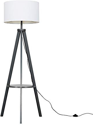 MiniSun | Modern Grey Wood Tripod Design Floor Lamp with Storage Shelf and White Drum Shade | Floor Lamps & Torchieres, Home Décor & Improvement Essential | Includes 6W LED E27 Light Bulb