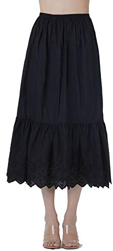 BEAUTELICATE Half Slip Underskirt for Women 100% Cotton A-line Petticoat with Lace Embroidery Summer Skirt Extender Anti-static Underslips(Anglaise Lace - Black - 80cm, L)