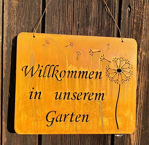 Rostoptik Schild Willkommen in unserem Garten 30 x 24 cm mit Pusteblume