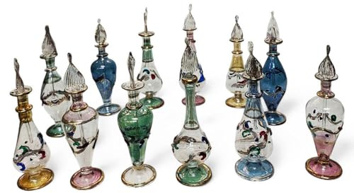 1 Bote de Cristal Soplado Artesanal Egipcio – Frasco Decorativo con Tapón para Perfume o Aceites Esenciales – Hecho a Mano en Egipto – 13 cm Aprox. (Modelo Aleatorio)