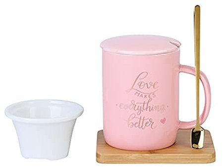 Tazas Cerámica Café 15oz/450ml, Taza de Café con Cuchara, Taza de Cerámica con Tapa, Taza de té de porcelana para cumpleaños Día de San Valentín Día de la madre Aniversario de Bodas (Color : Pink)