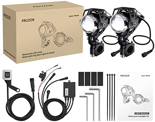 PROZOR Motorcycle Spotlights 2PCS - U5 Motorbike LED Headlights with Cables and ON/OFF Switch 3000 Lumen, 360° Adjustable, IP65 Waterproof Fog Headlights for 12/24V Vehicle