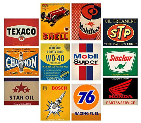 AKBOK Lot de 12 affiches vintage à essence et à huile pour voiture, moto, garage, bar, décoration murale, 20 x 25 cm, sans cadre