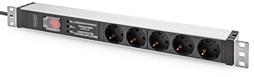 DIGITUS 19 Steckdosenleiste – 5 Abgriffe – 1HE – Mit Netzfilter, Überspannungsschutz & Schalter – 230VAC 50/60Hz – 16A – 3600W – Für 19 Zoll Netzwerk- und Serverschränke
