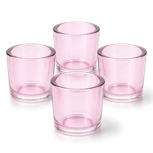 Teelichtgläser 6,5 x 6 cm aus dickwandigem Glas 4er Set - runde Teelichthalter für Teelichter bis 38 mm - Kerzengläser für kleine Kerzen & Votivkerzen bis Ø 4 cm - Windlichter Hellrosa