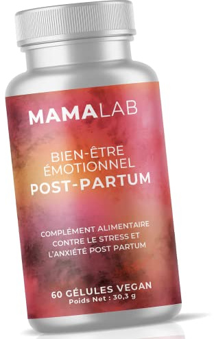 MAMA LAB Bien-Être Émotionnel Postpartum | Aide à lutter contre le baby blues et la fatigue | Complément alimentaire femme après accouchement | Végan | 60 gélules – Verveine Camomille Rhodiola Rosea