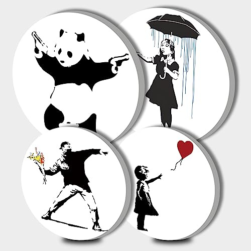 Banksy Round Metal Hob Covers 4-Piece Black & White Stove Plate Cooker Hob Covers for Electric Cookers Top Burner Gas Range Oven Protector Kitchen Tools Accessories Modern Cooktop Kitchen Decor