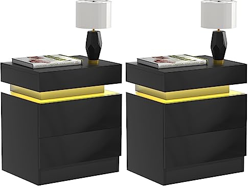 PIPIPOXER 2er Set Nachttisch LED, Nachtkommode mit 2 Schubladen und Hochglanz Kommode Nachtschrank Tisch, Nachttisch Schwarz Beistelltisch für Schlafzimmer, Schwarz