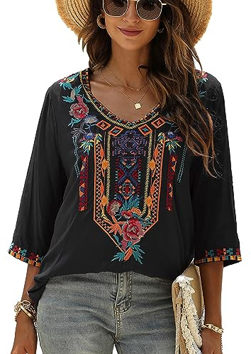 drakloak Bluse Stickerei Damen Boho Oberteile Tunika Folklore Hippie Blusen Bohemian Kleidung(328 BK L)