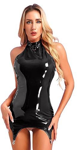 FEESHOW Dam wetlook klänning sexig kort läderklänning nackhållare lack miniklänning bodycon med strapshållare metallic clips party klubbkläder, svart, 5XL
